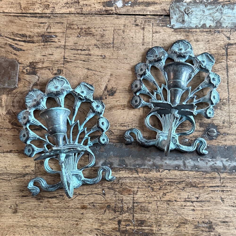 Vintage Art Nouveau Floral Metal Candle Holders/Wall Sconces